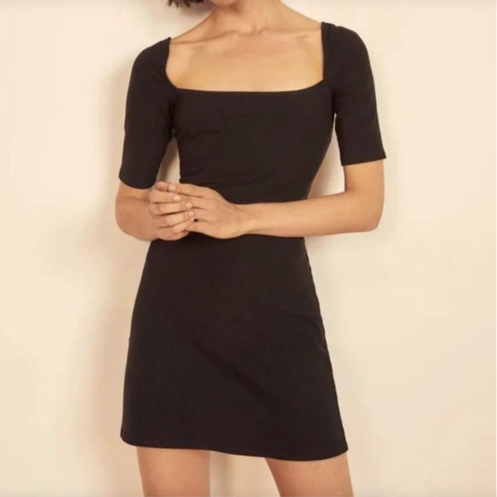 Reformation Sarita Mini Dress Ribbed Knit Square Neck XS Black